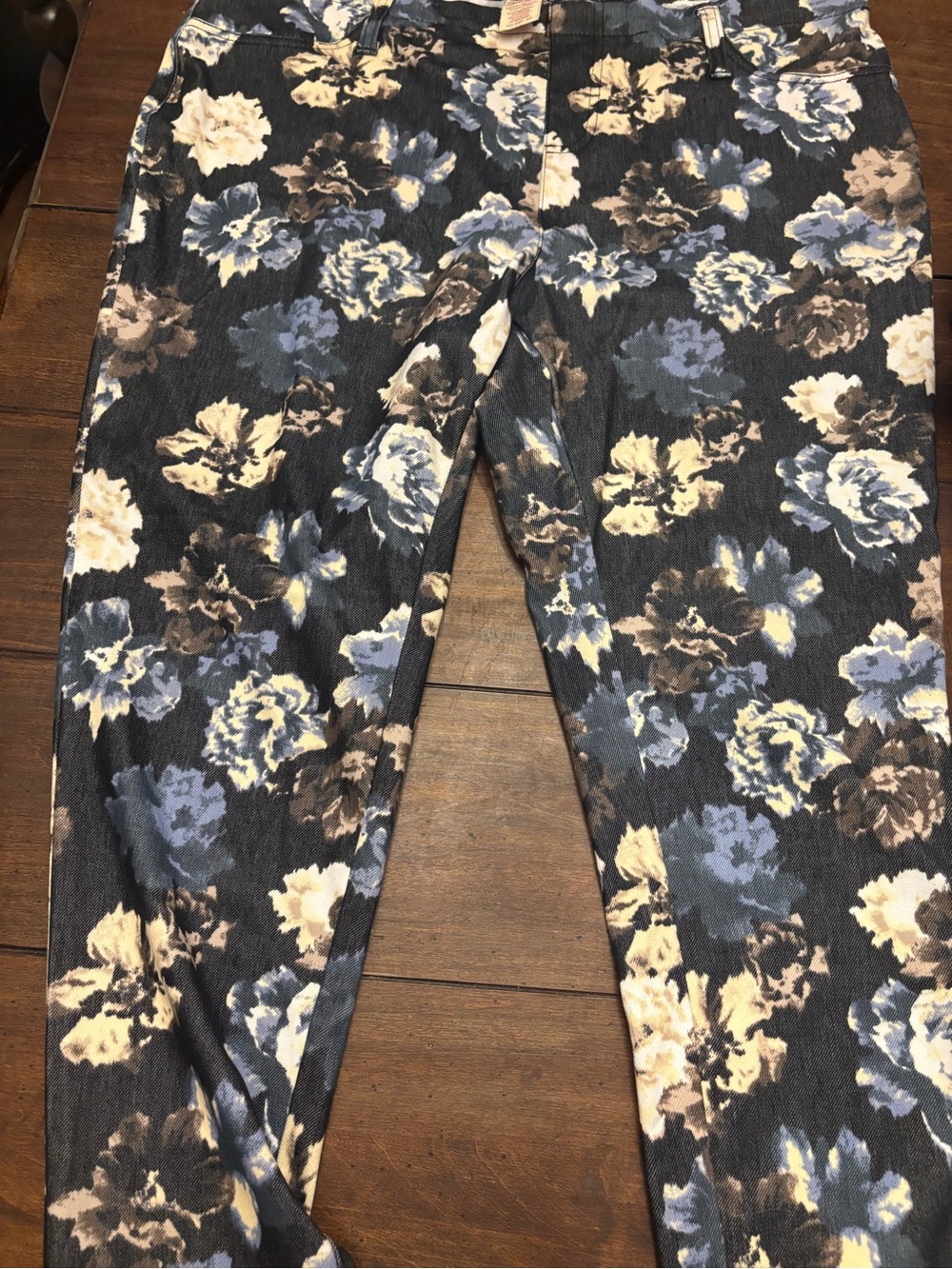 Floral Print Stretch Leggings - Blue & Cream